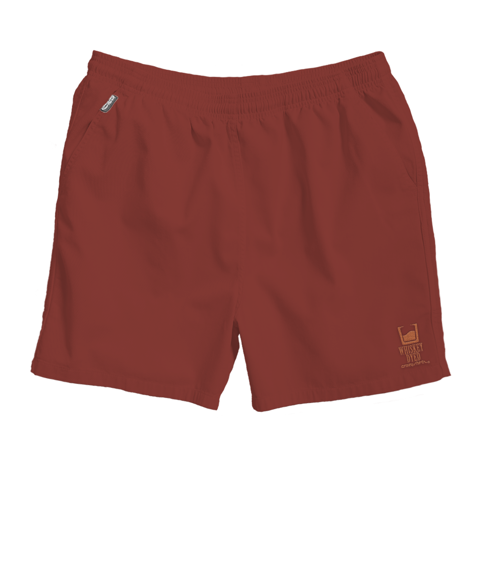 Maroon shorts with a brand logo on a white background