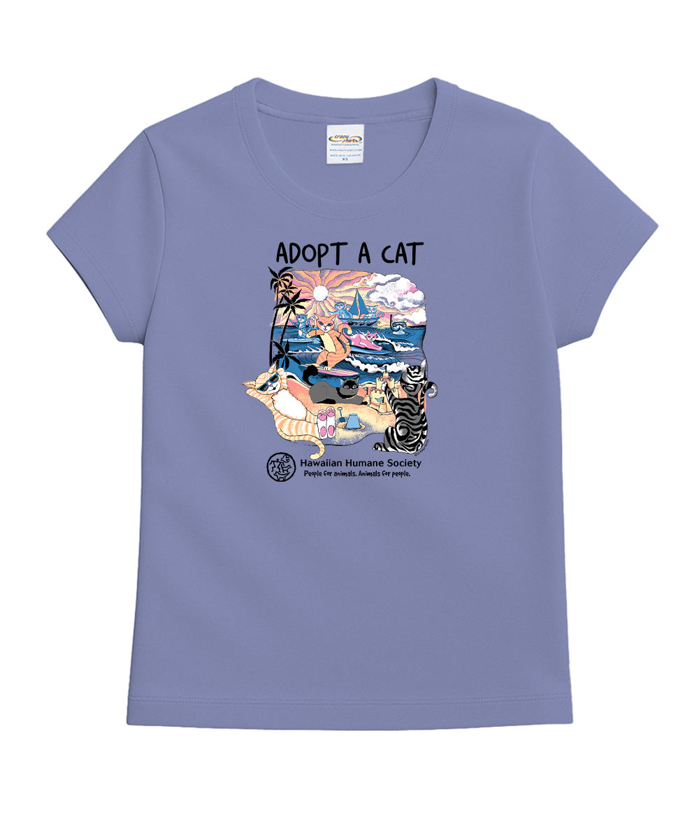 Purple t-shirt with a graphic of cats and 'Adopt a Cat' text on a white background