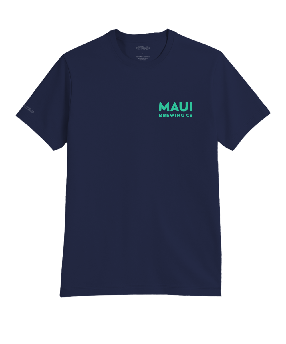 A navy blue short-sleeve crewneck t-shirt with 'MAUI BREWING CO' printed in a bright teal-green font on the left chest, displayed against a solid white background. View 4
