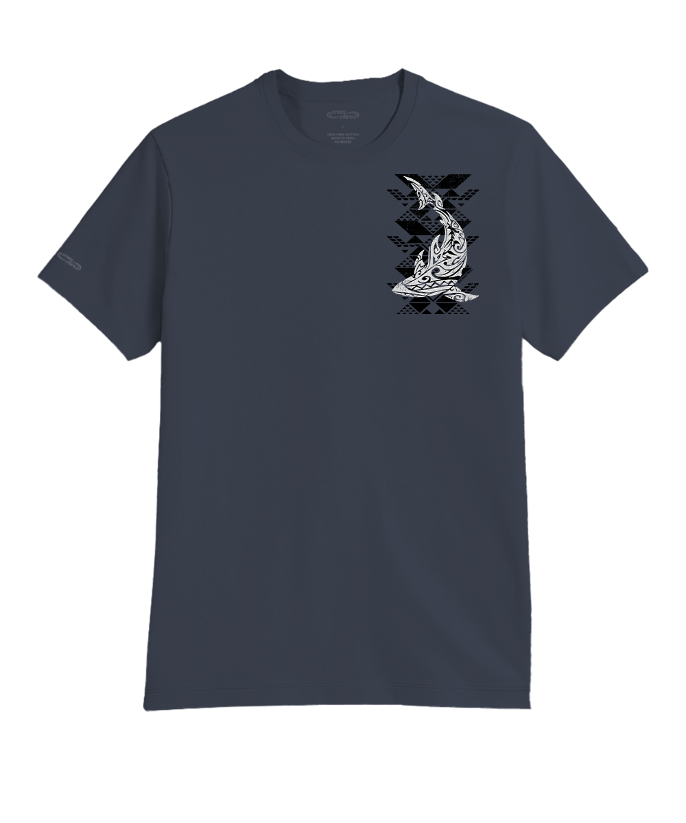 A dark slate blue crewneck t-shirt with a white and black graphic of a stylized fish on the left chest, displayed against a solid white background. View 4