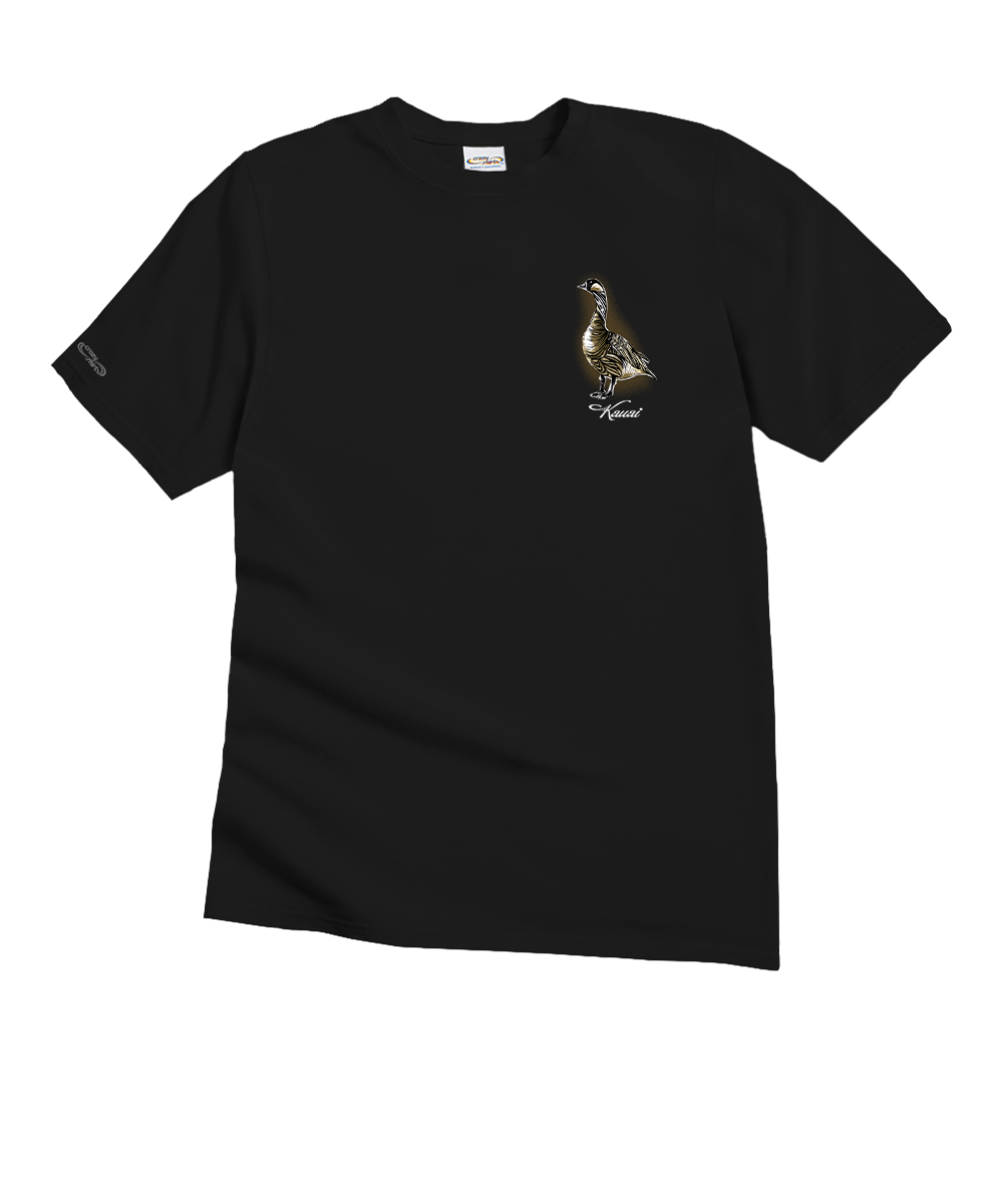 Black t-shirt with a gold graphic on a white background View 4