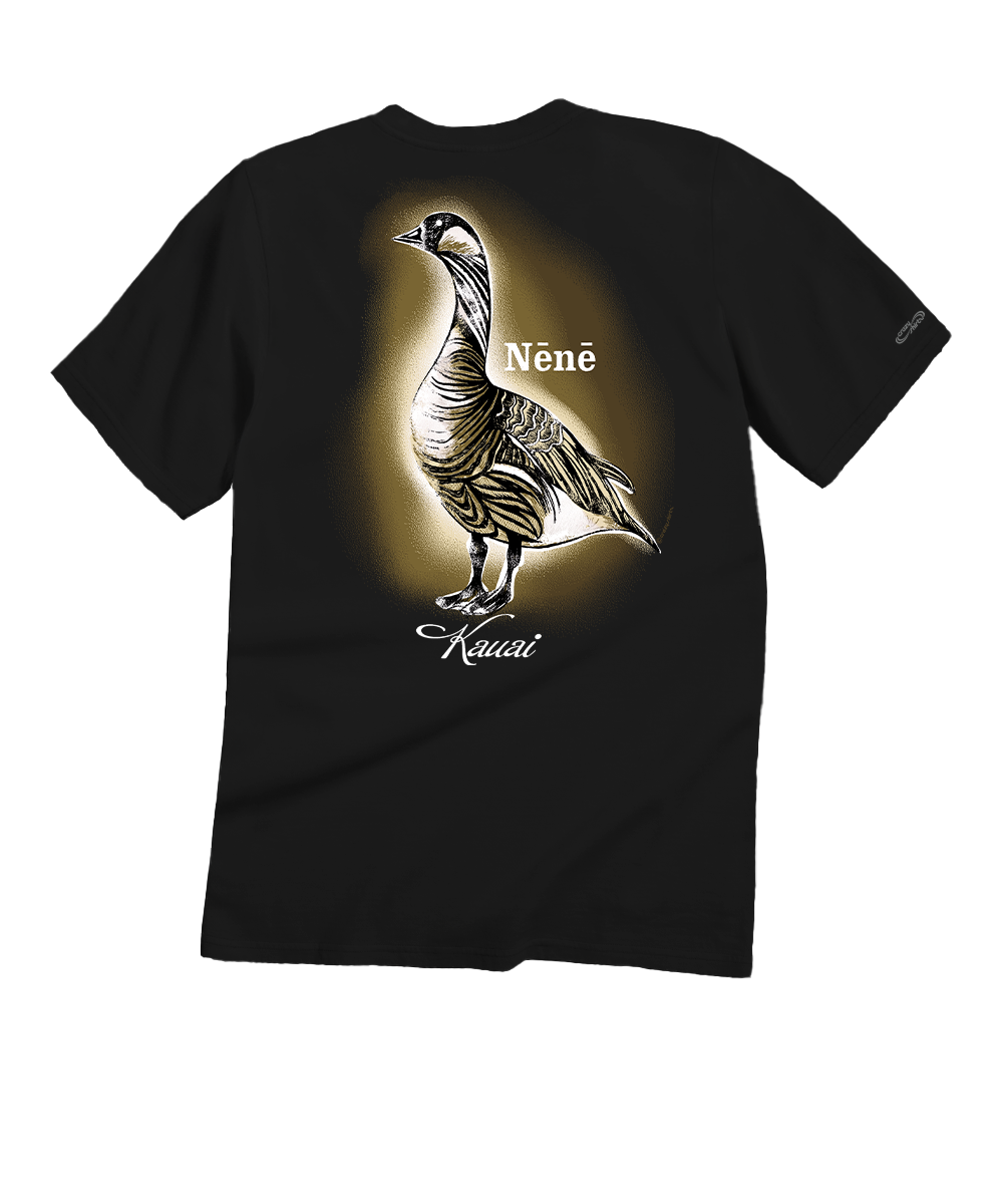 Black t-shirt with a goose design and text on a white background View 1