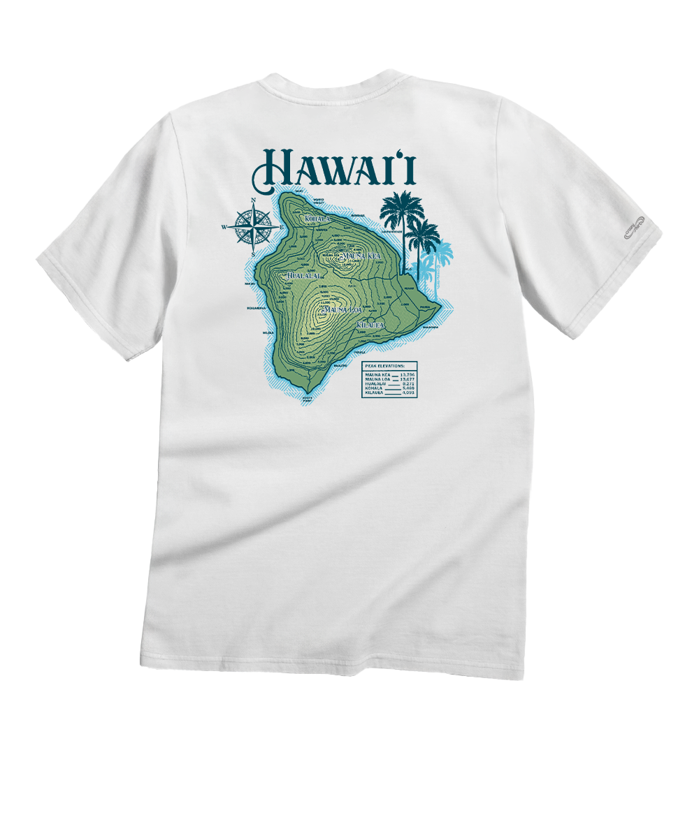 White short-sleeve t-shirt showing the back graphic, which features a green and blue map of the island of Hawaii with the word 'HAWAII' printed above it in a teal font. View 1