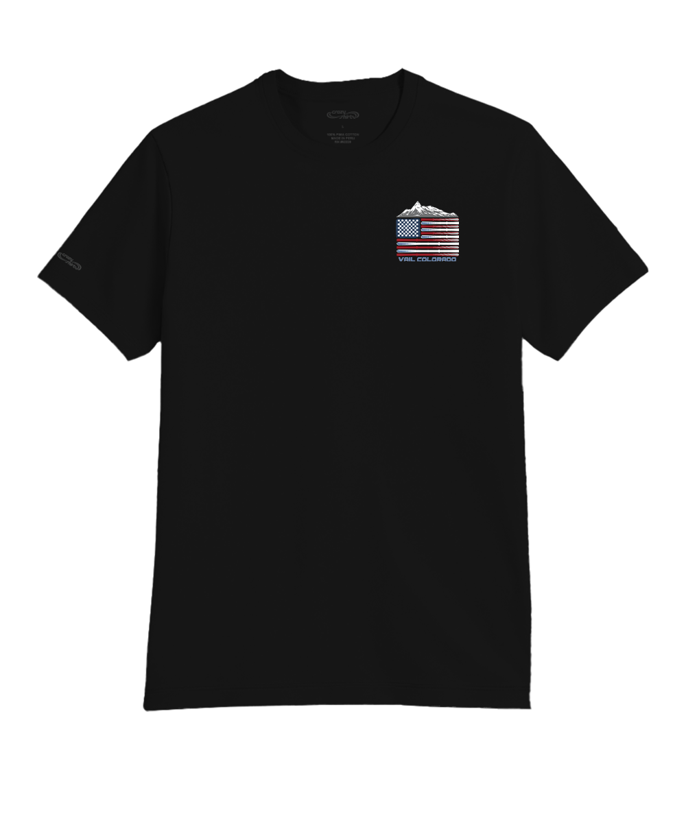 Black t-shirt with a small graphic on the chest against a white background View 4