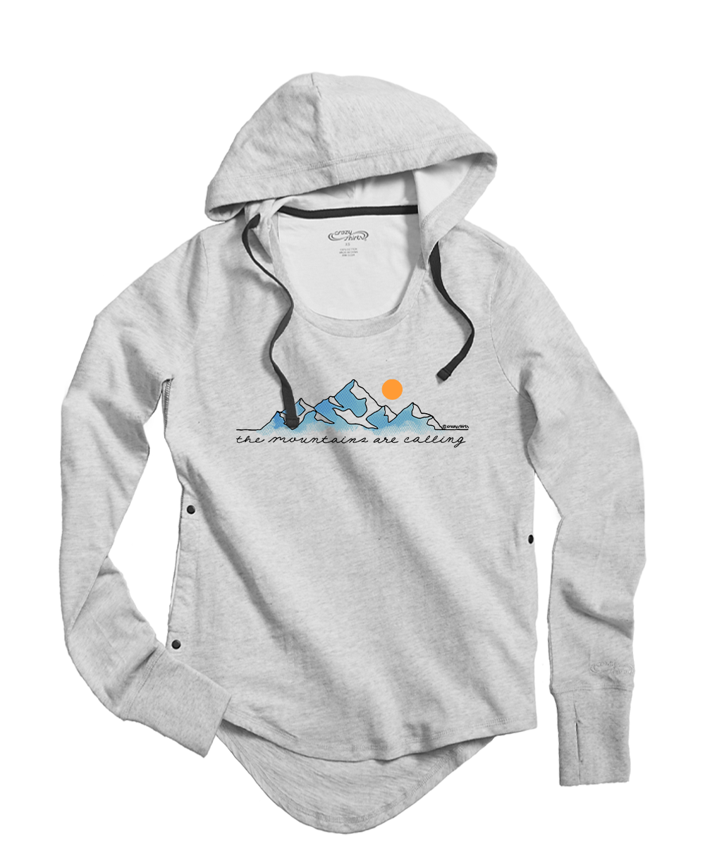 Gray hoodie with mountain graphic and text on a white background View 1