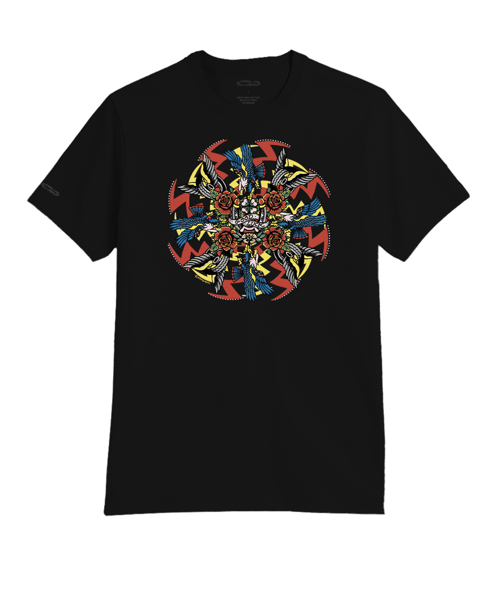 A black short-sleeve crewneck t-shirt featuring a large, colorful circular graphic print on the chest with a stylized skull and red, yellow, and blue geometric patterns. View 1