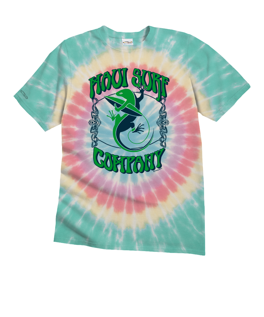 Tie-dye t-shirt with a graphic design and text on a white background View 1