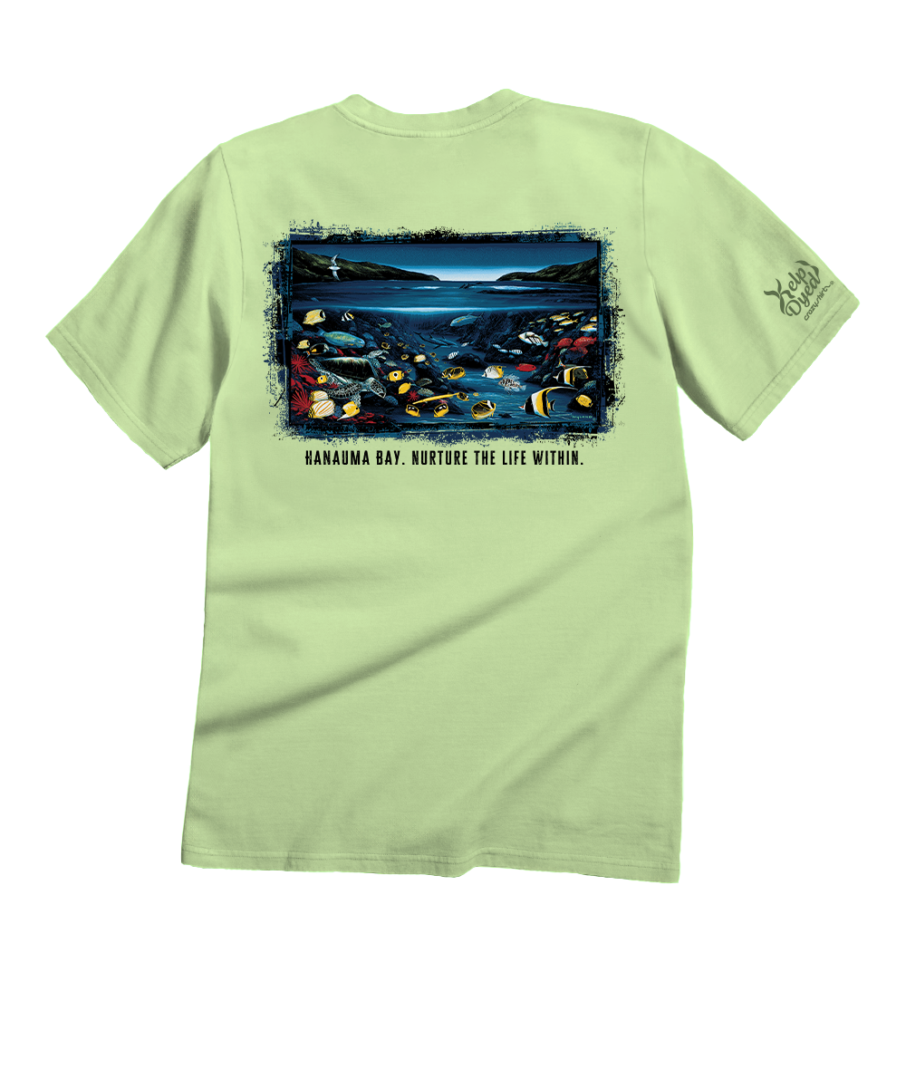 Light green t-shirt with a graphic design on the back, displayed against a white background.