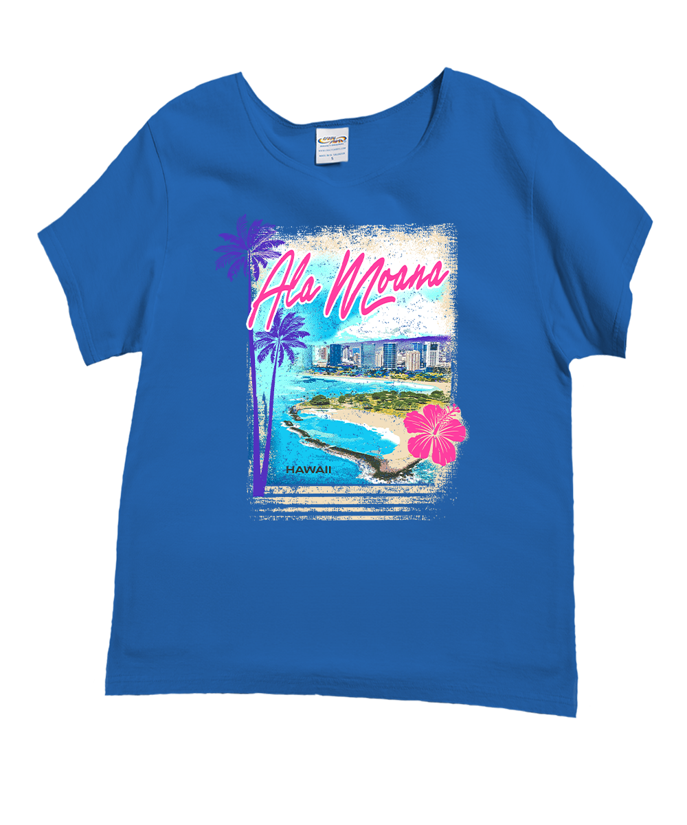 Blue t-shirt with Aloha Mama Hawaii graphic design on a white background View 1