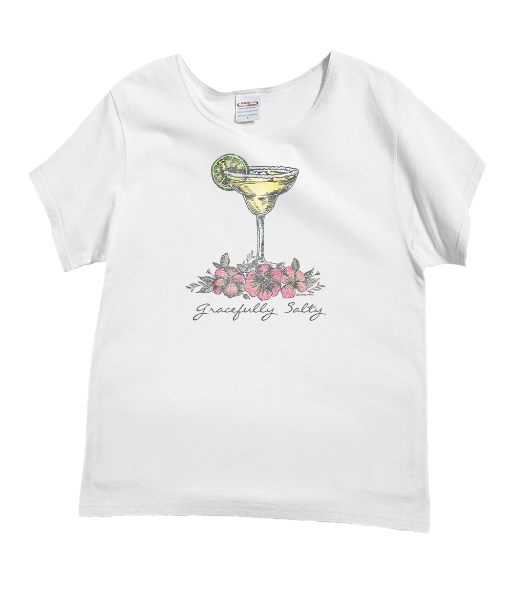 A white short-sleeve crewneck t-shirt featuring a graphic of a margarita glass with a lime wheel, pink flowers, and the text 'Gracefully Slightly' printed on the front. View 1