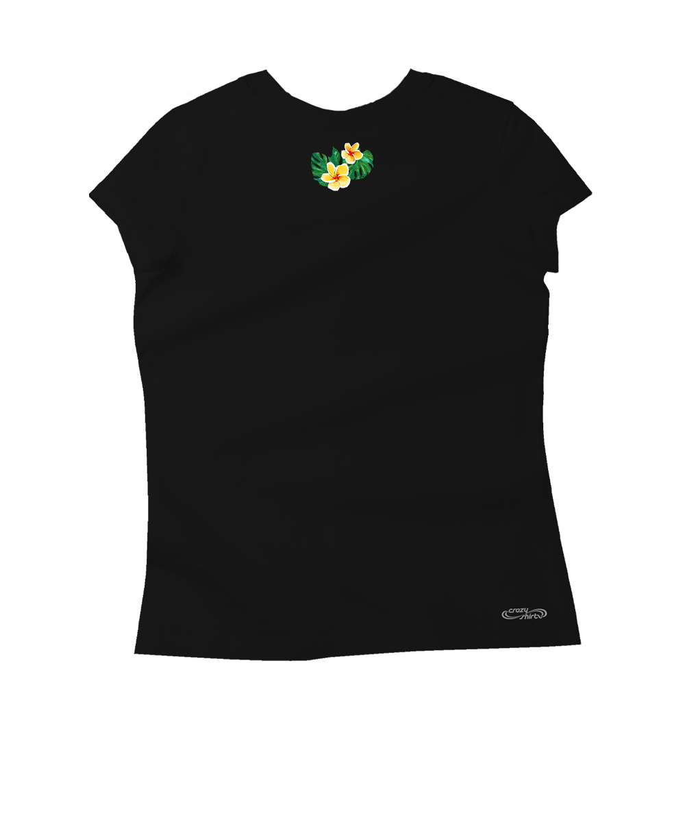 A black short-sleeve t-shirt with a small green and yellow floral graphic on the upper chest and a small white logo on the lower right hem, displayed against a solid white background. View 4