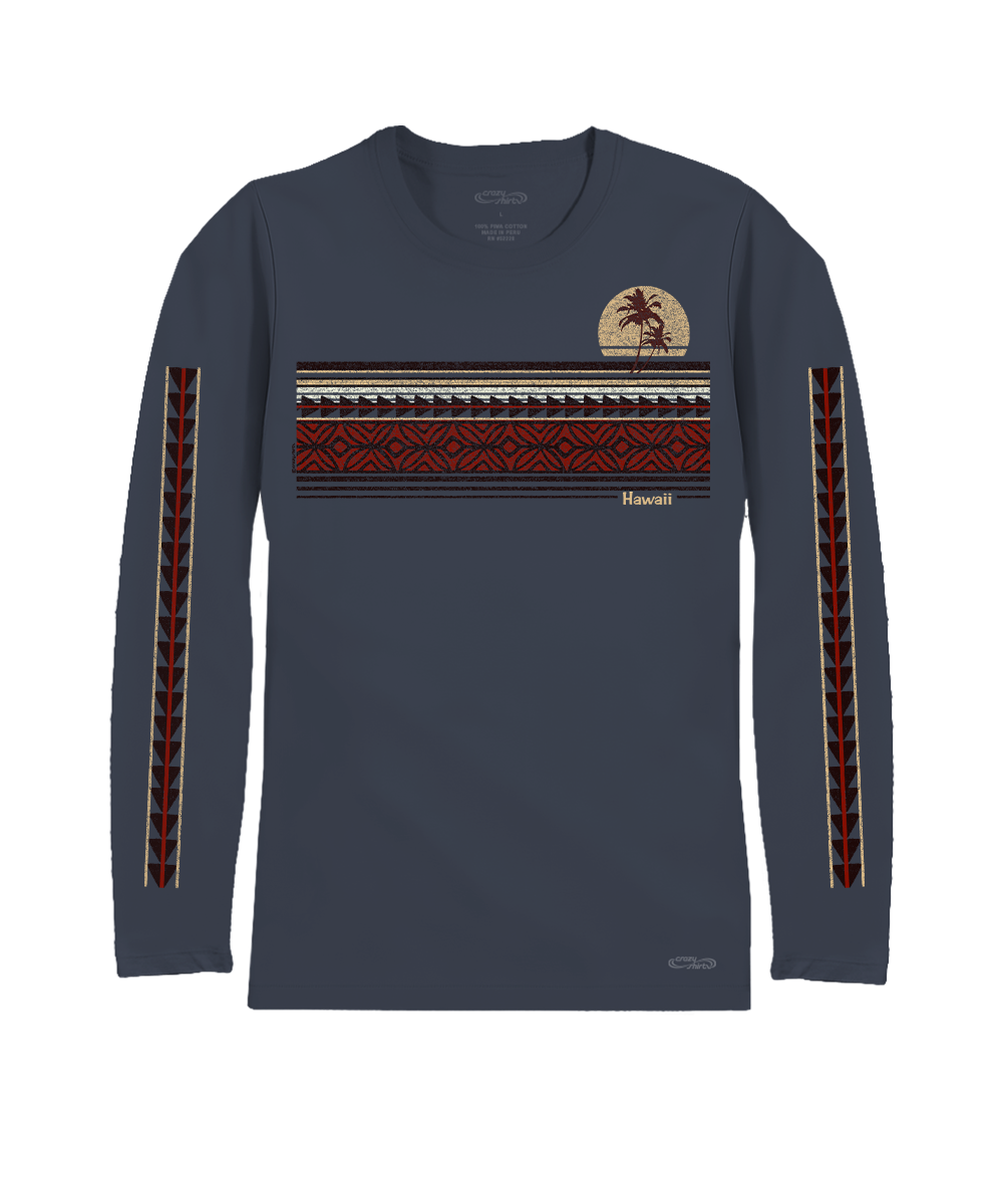Navy long-sleeve shirt with tribal pattern on a white background View 1