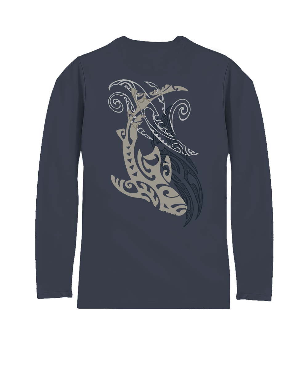 A dark navy blue long-sleeve t-shirt with a large tribal ram graphic printed on the back in beige and white, shown against a plain white background. View 1