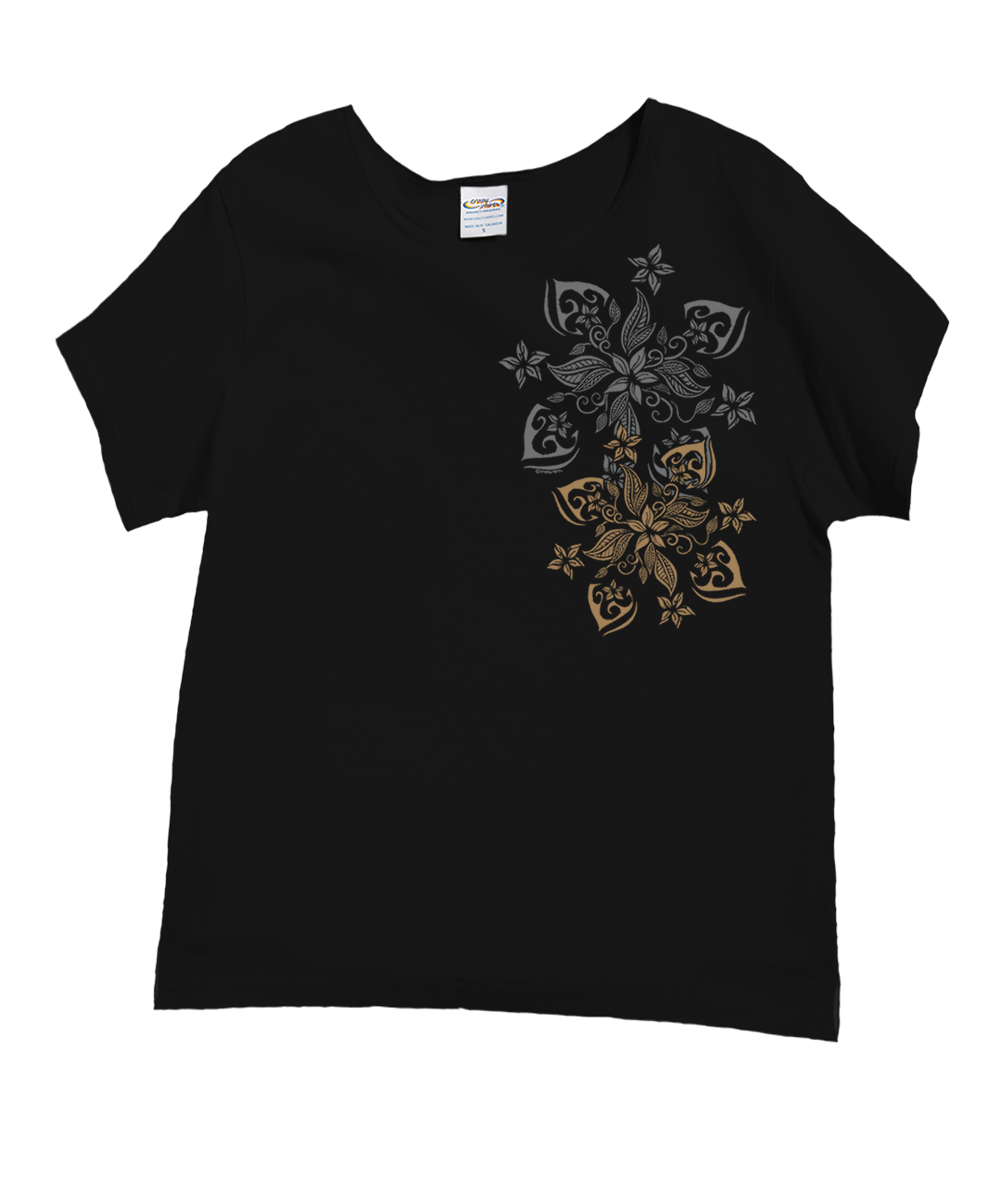 A black short-sleeve t-shirt with a decorative floral mandala graphic on the front, featuring a silver-gray upper design and a gold-brown lower design, displayed on a clean white background. View 1