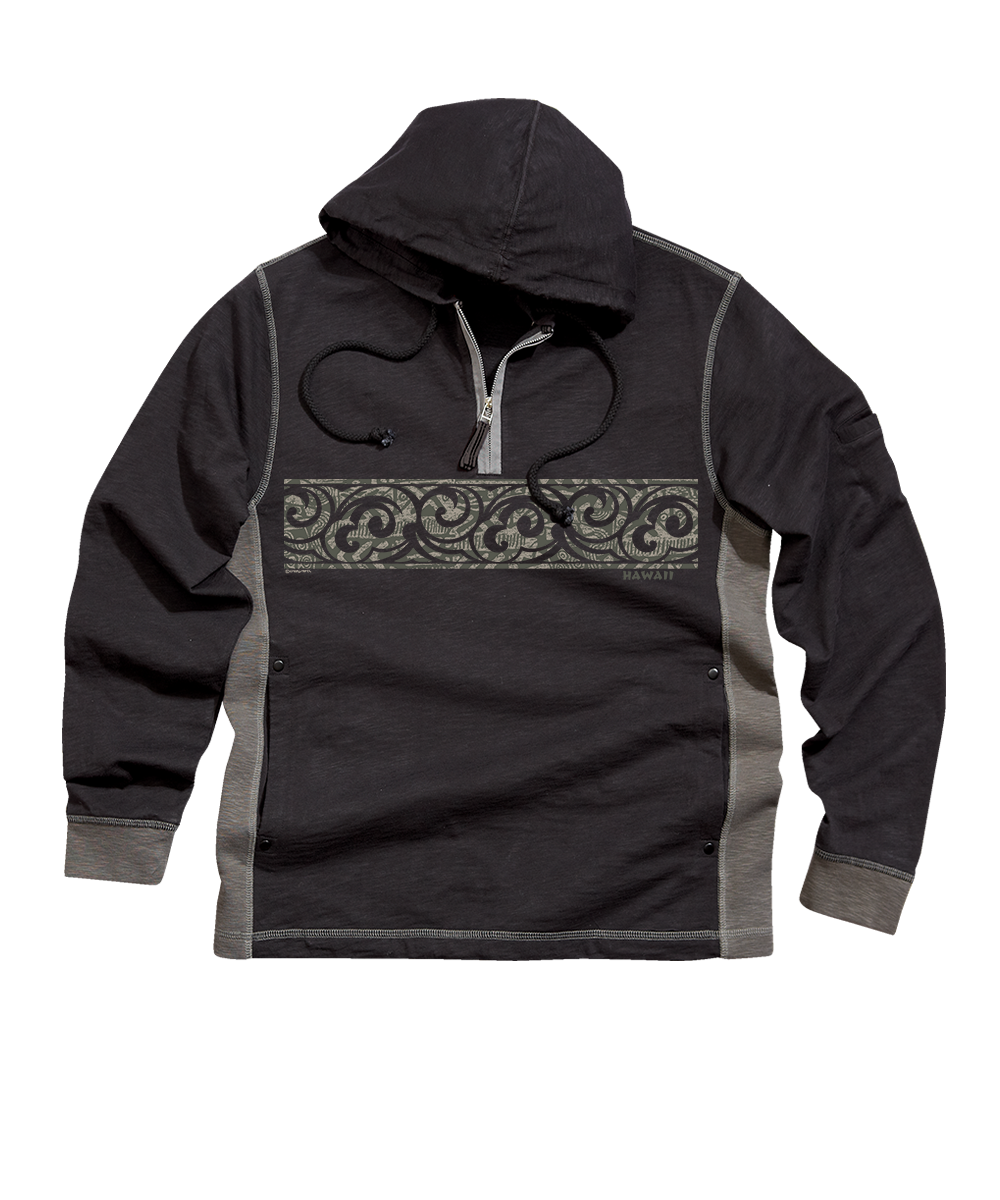 A black hooded pullover jacket with a half-zip neckline, black drawstrings, and a horizontal decorative patterned band across the chest. The sleeves, sides, and hem feature gray knit panels and ribbed cuffs, shown against a plain white background. View 1