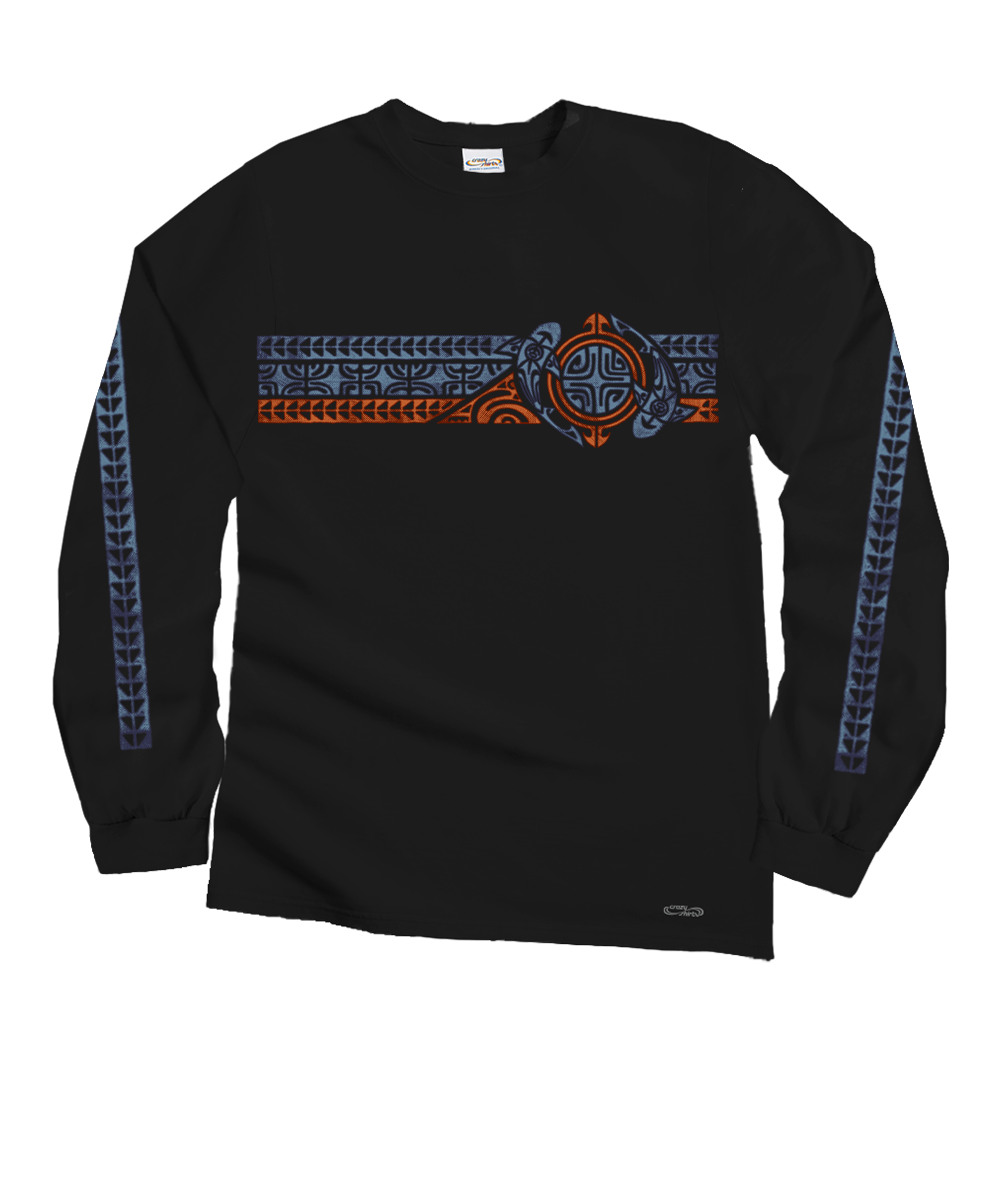 Black long-sleeve shirt with orange and blue graphic design on a white background View 1