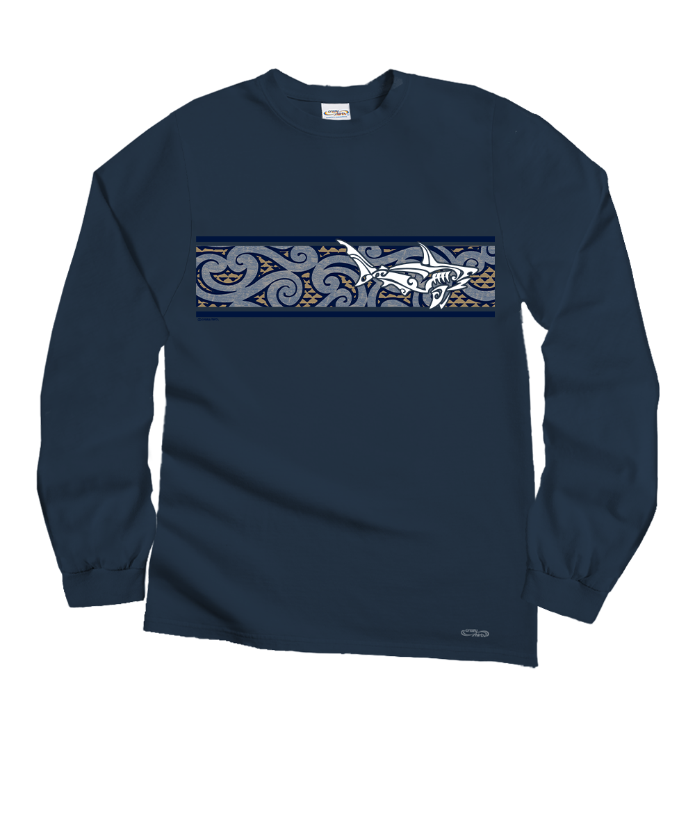 A navy blue long-sleeve crewneck shirt featuring a horizontal chest graphic with a Maori-style pattern and a white shark illustration. View 1
