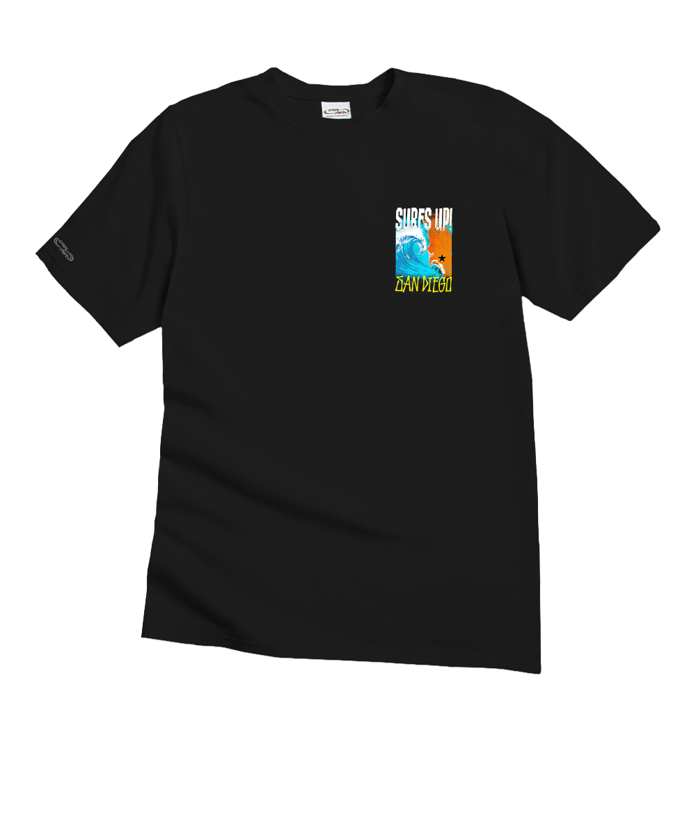 Black t-shirt with a colorful graphic on a white background View 4