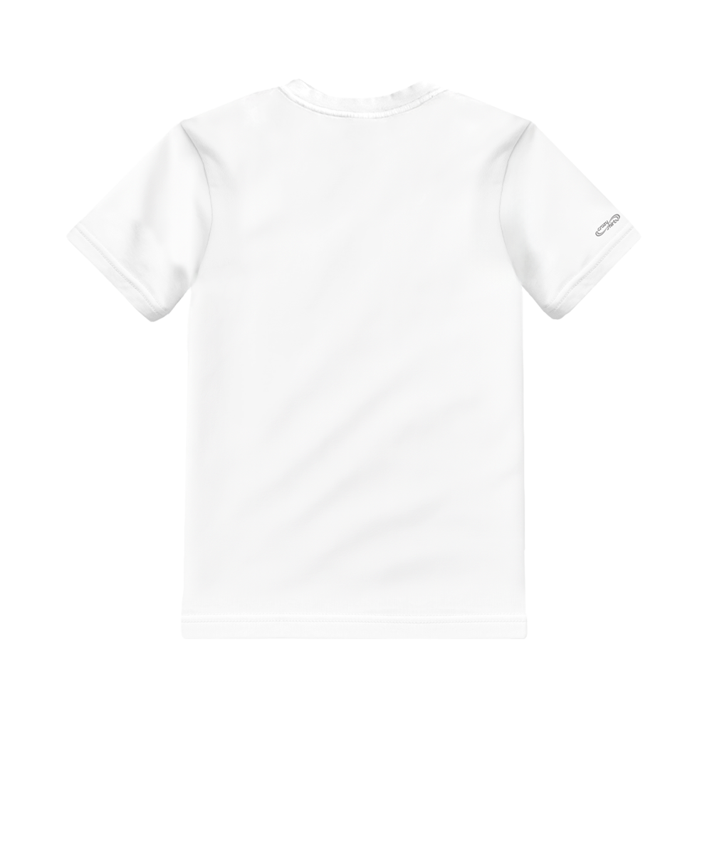 White t-shirt with a small logo on the chest against a white background View 4