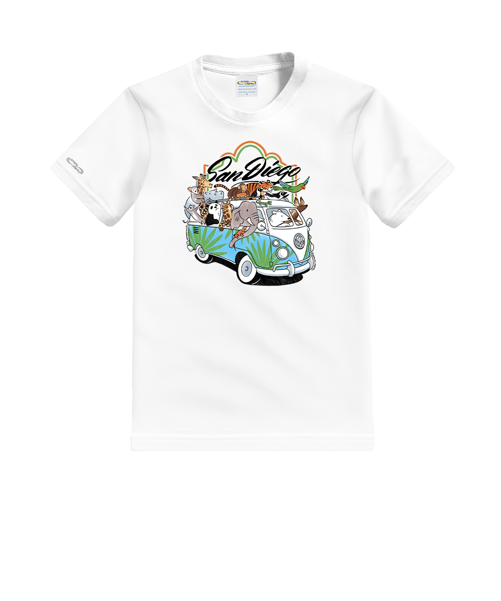 White t-shirt with a colorful graphic of a van and animals, featuring 'San Diego' text, on a white background. View 1