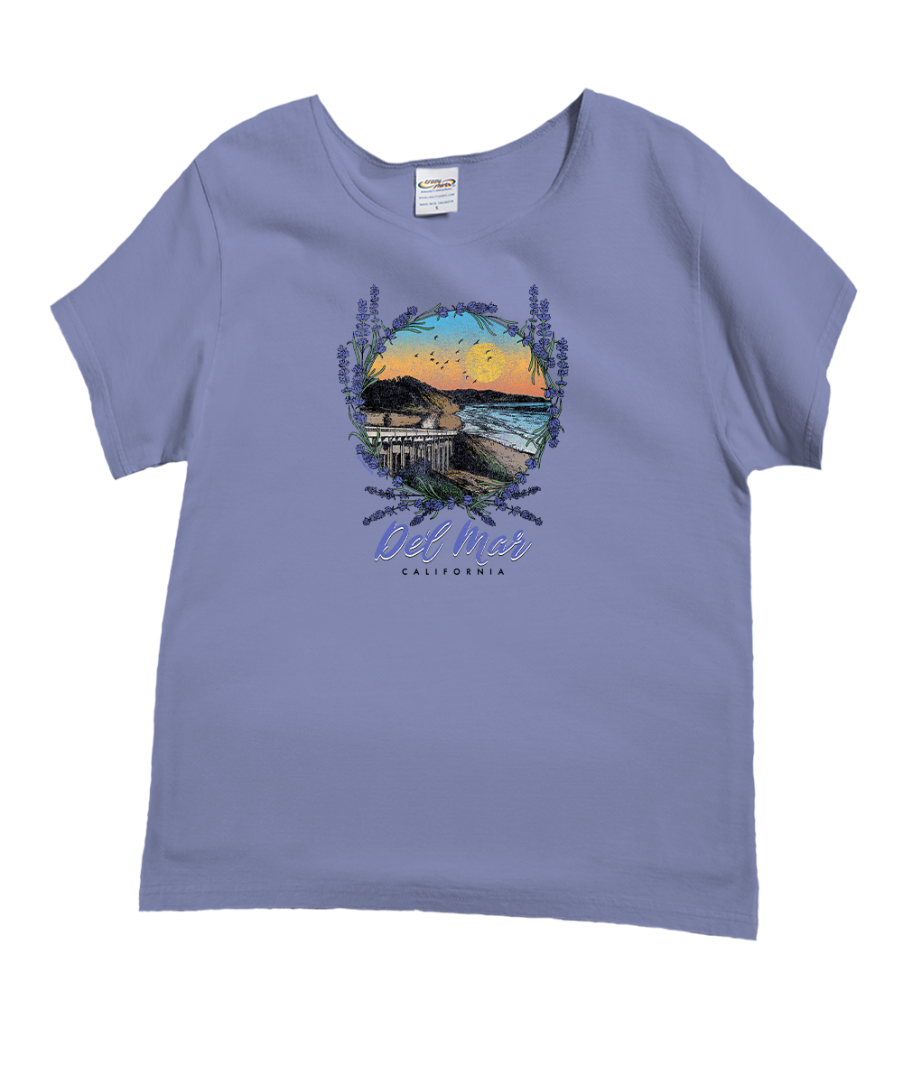 Blue t-shirt with a beach graphic and 'Del Mar, California' text on a white background View 1
