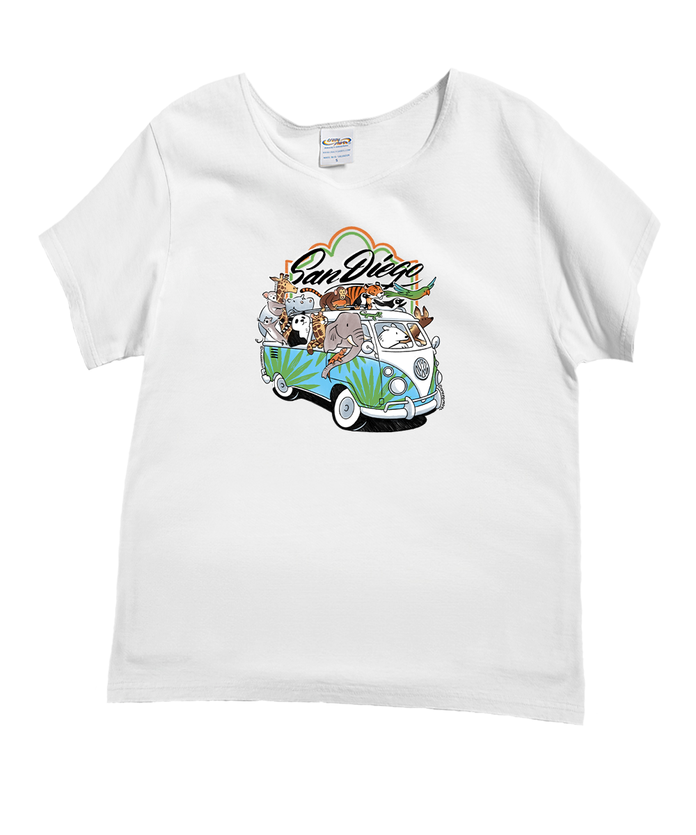 White t-shirt with a colorful graphic of a van and 'San Diego' text on a white background View 1
