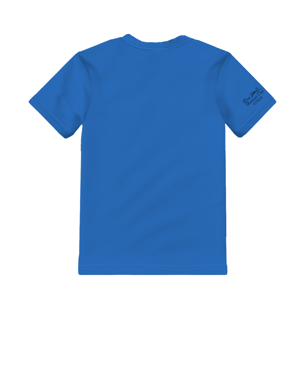 Blue t-shirt with a logo on the back on a white background View 4