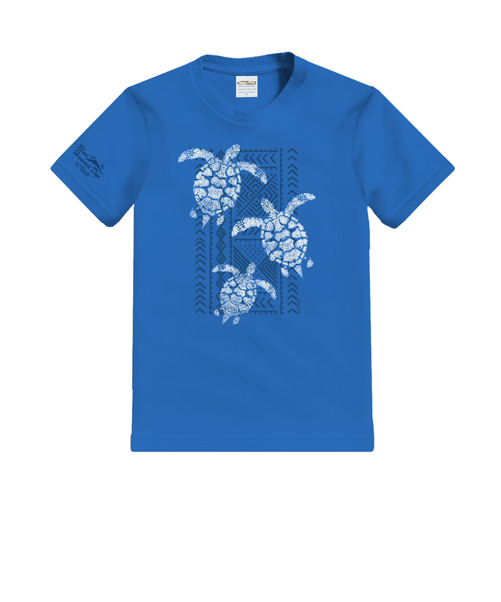 Blue t-shirt with white turtle design on a white background View 1