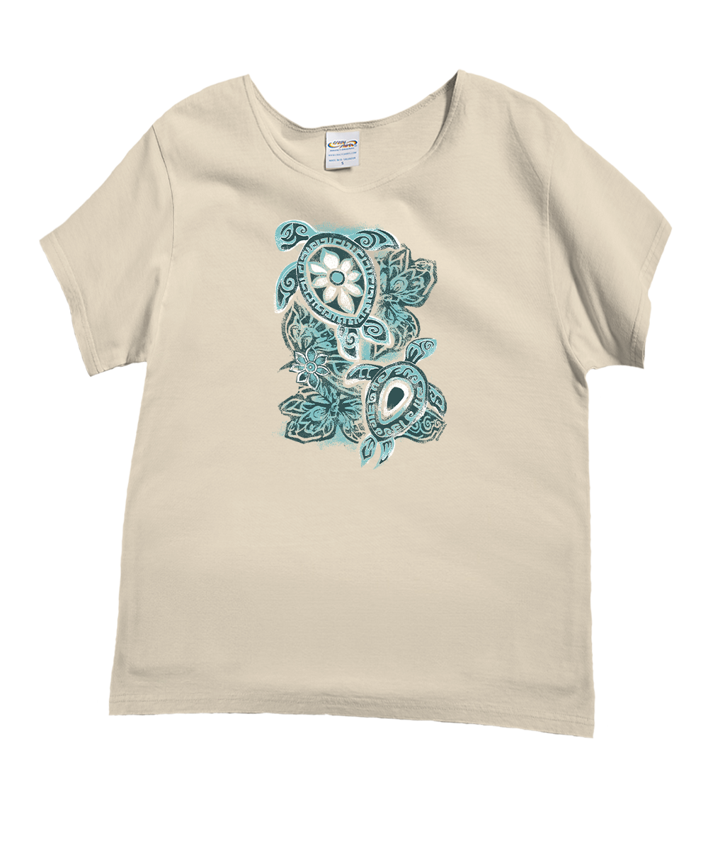 A beige short-sleeve t-shirt with a teal graphic print on the front featuring an two turtles and flowers. View 1