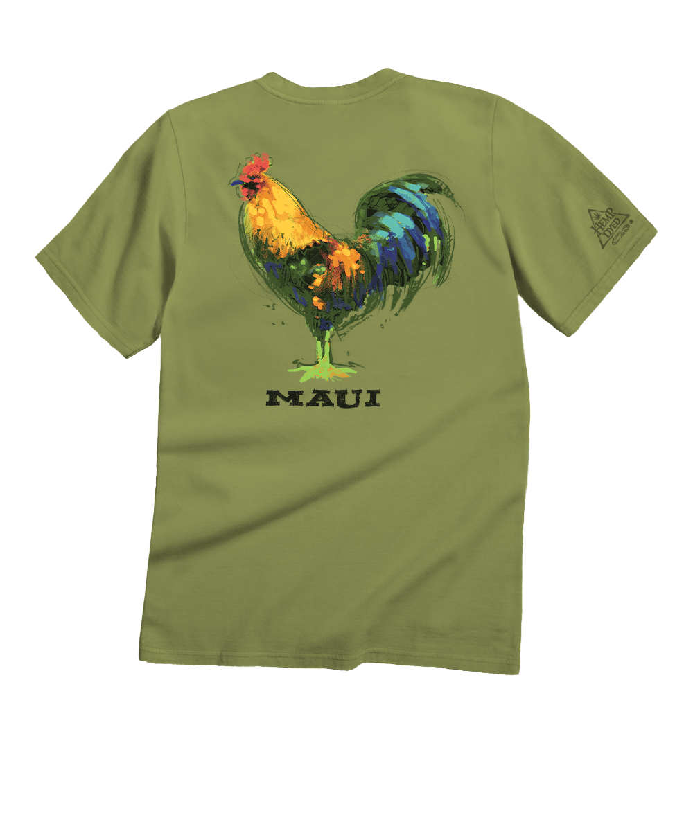 Green t-shirt with a rooster design on a white background View 1
