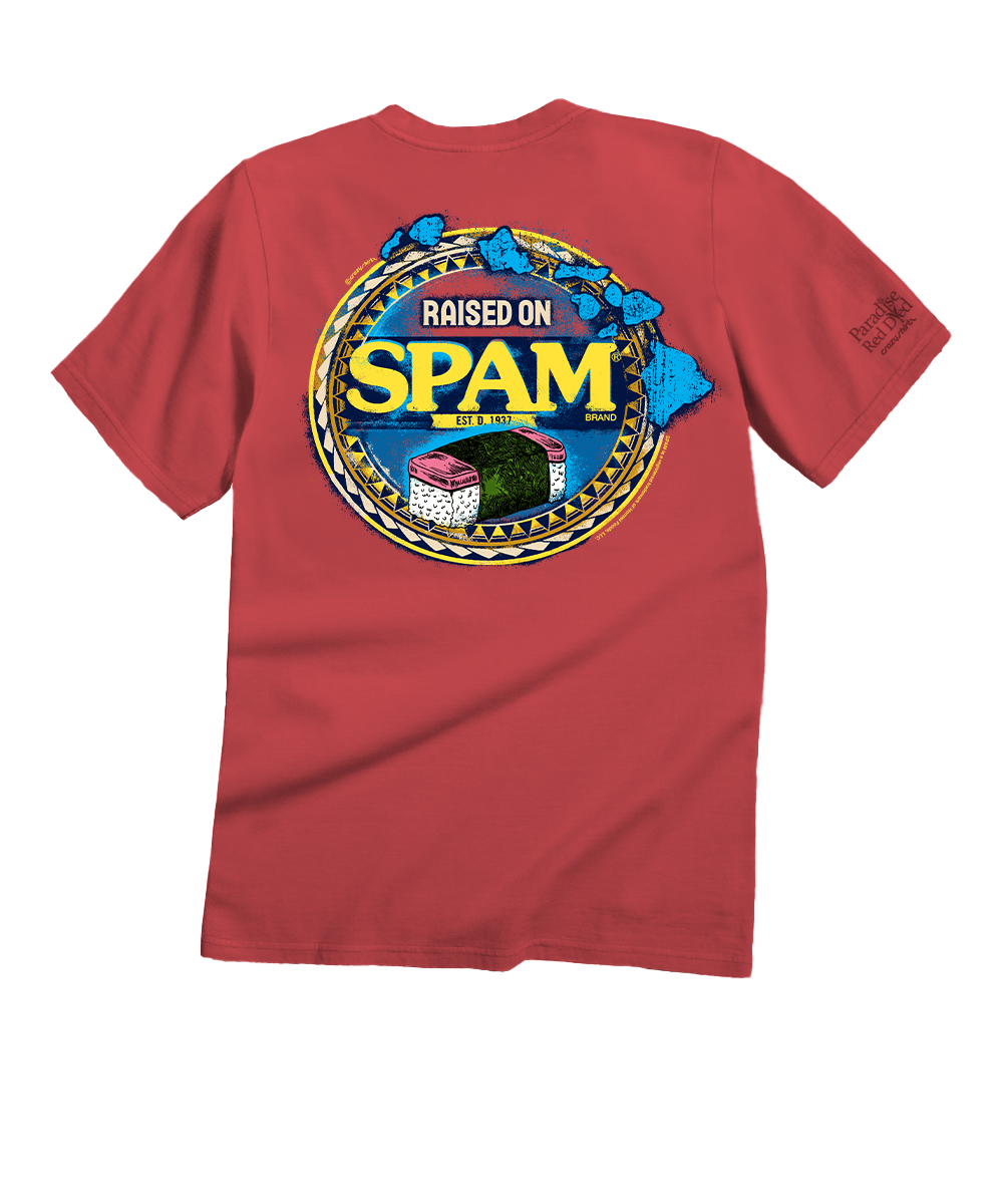 red t-shirt with 'Raised on Spam' graphic against a white background