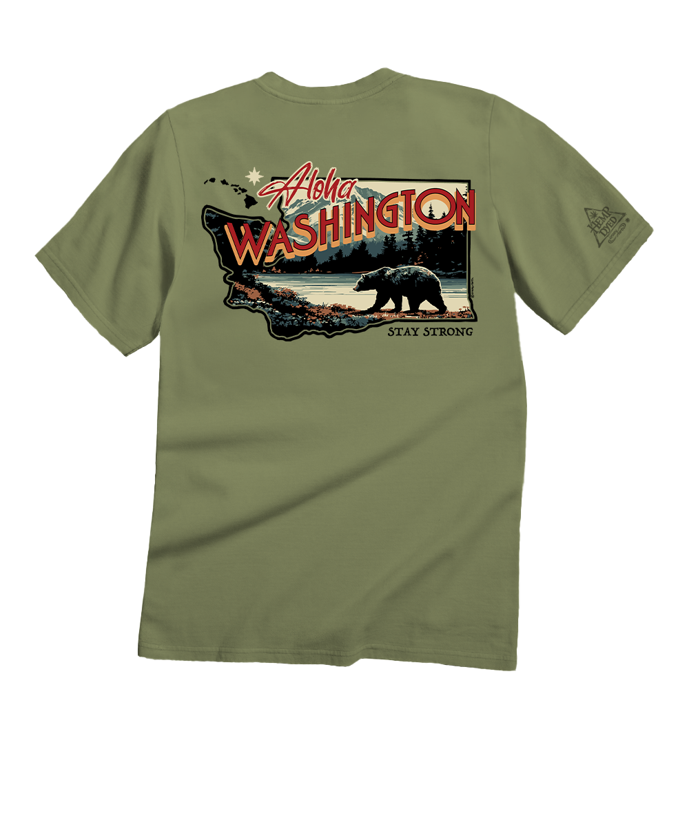 Green t-shirt with 'Aloha Washington' graphic on a white background