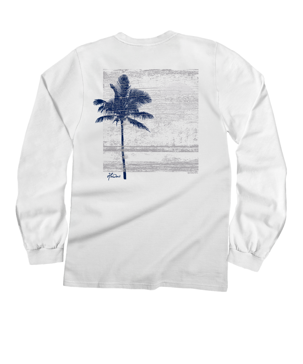 A white long-sleeve t-shirt shown from the back, featuring a blue graphic print of a palm tree on a textured background. View 1