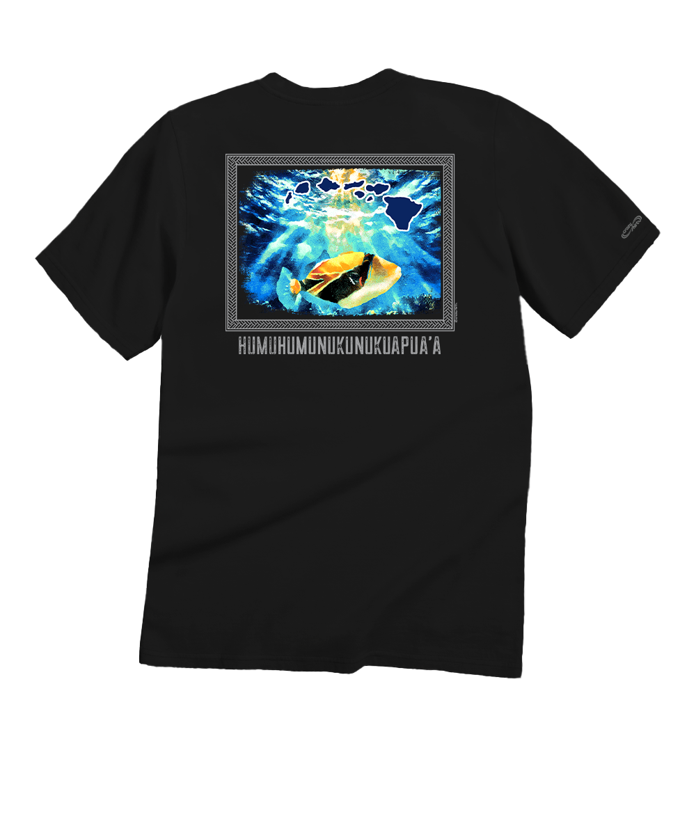 A black short-sleeve crewneck t-shirt with a large colorful graphic on the center back depicting a winged figure and the text 'humuhumunukunukuapuaa'. View 1