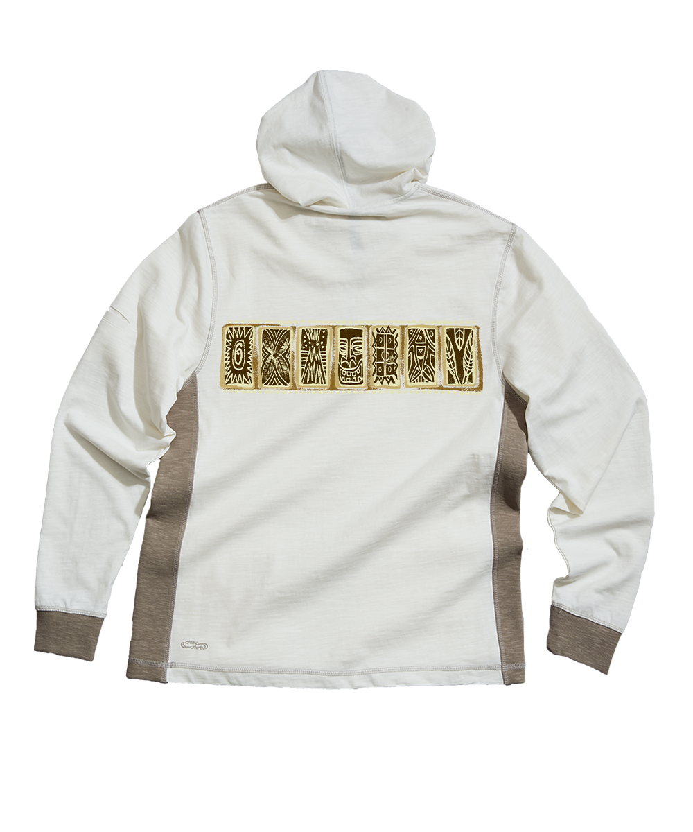 A white hooded sweatshirt shown from the back, featuring a horizontal row of patterned rectangular patches in beige and brown across the upper back, with brown side panels and matching brown cuffs. View 4