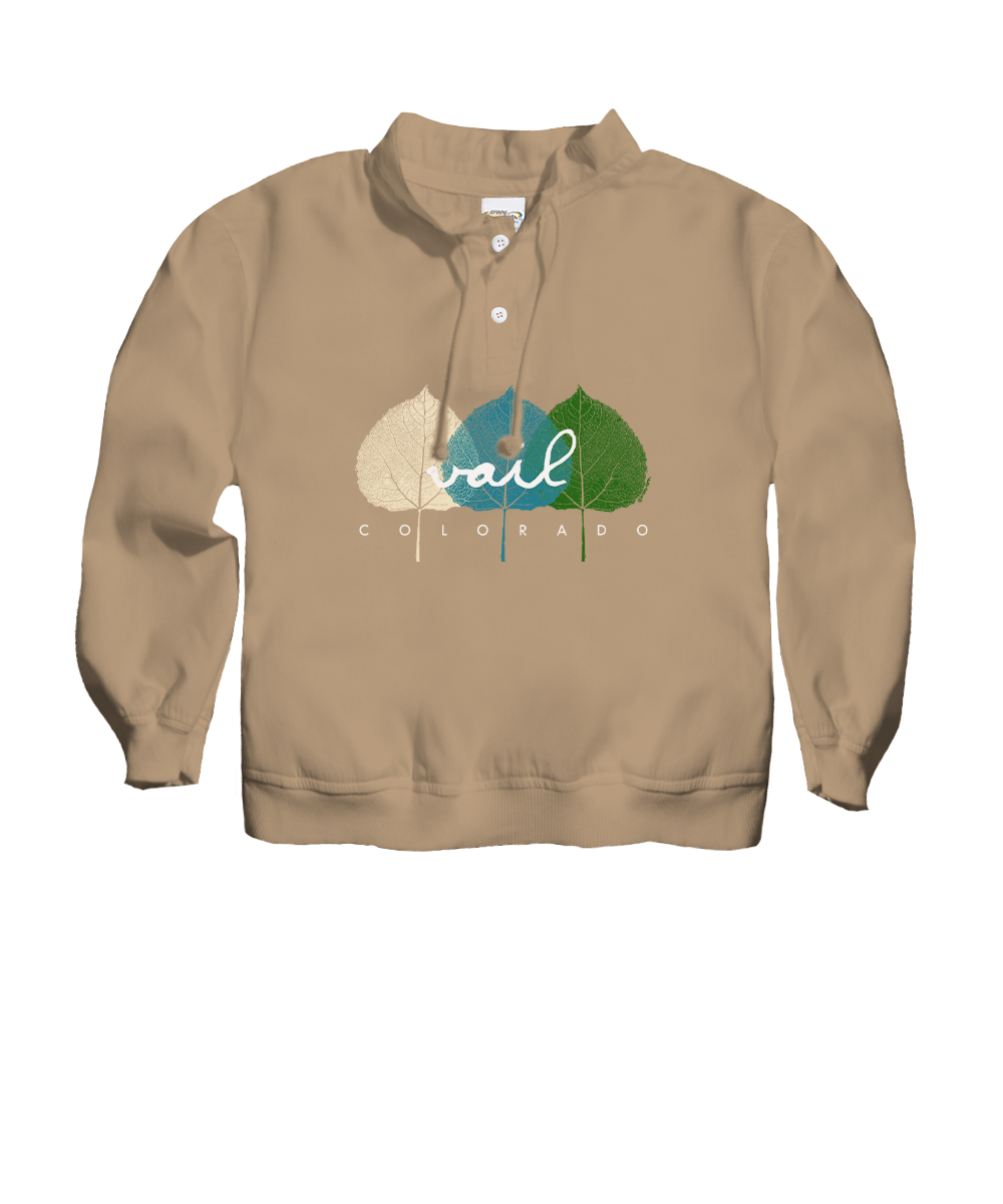 A tan pullover hoodie with a drawstring collar and a graphic on the chest featuring three stylized trees in beige, blue, and green with the text 'trail COLORADO'.