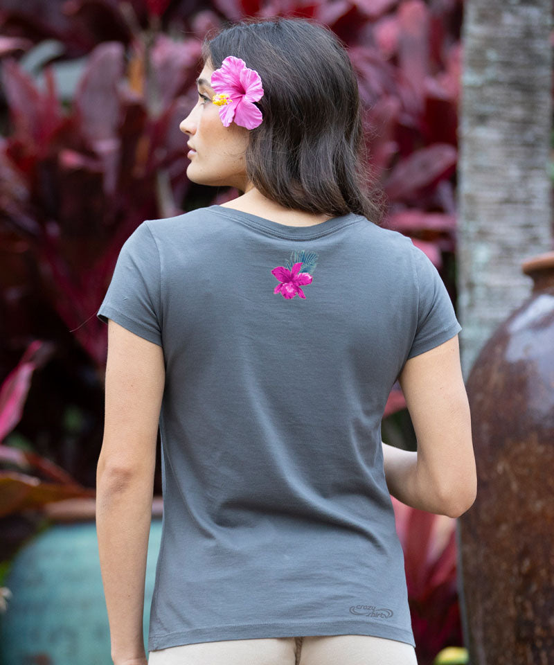 Woman wearing a gray t-shirt with pink floral designs outdoors View 3