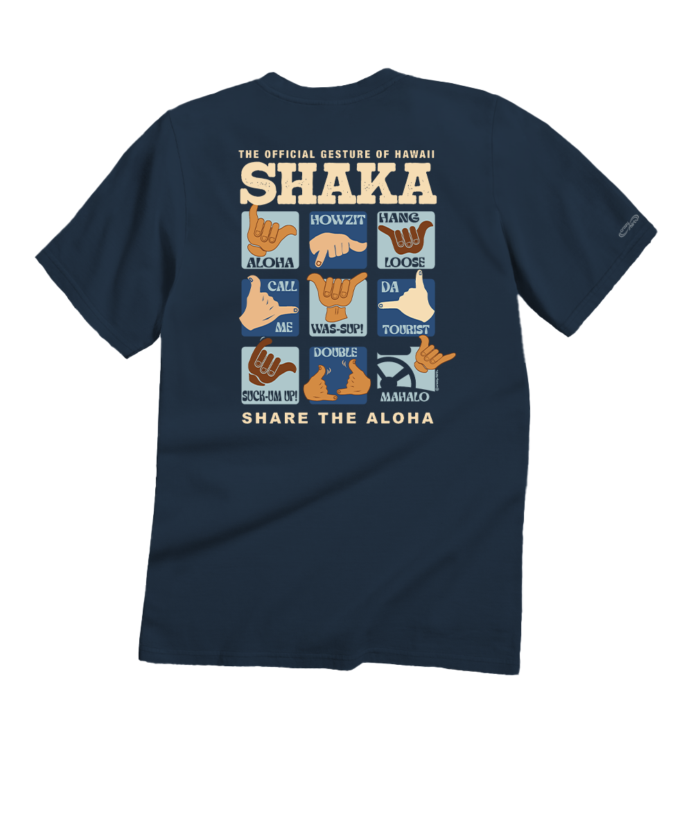 A navy blue short-sleeve t-shirt shown from the back, featuring a large graphic print of the 'Official Gesture of Hawaii' Shaka sign with various hand gestures and text. View 1