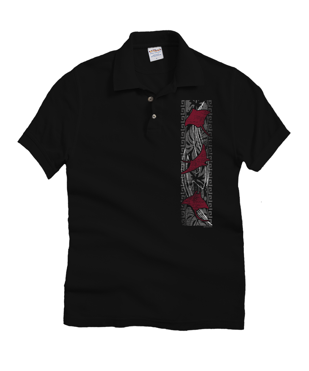 A black short-sleeve polo shirt with a vertical graphic print on the left chest featuring red and gray abstract patterns, displayed against a plain white background. View 1