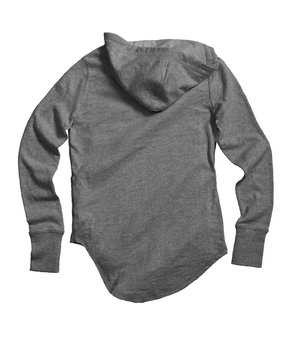 A dark heather gray hooded long-sleeve top shown from the back, laid flat against a solid white background. View 4