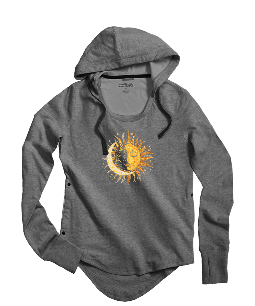 A heather gray long-sleeve hooded shirt with a graphic of a yellow sun and crescent moon on the chest, displayed on a clean white background. View 1