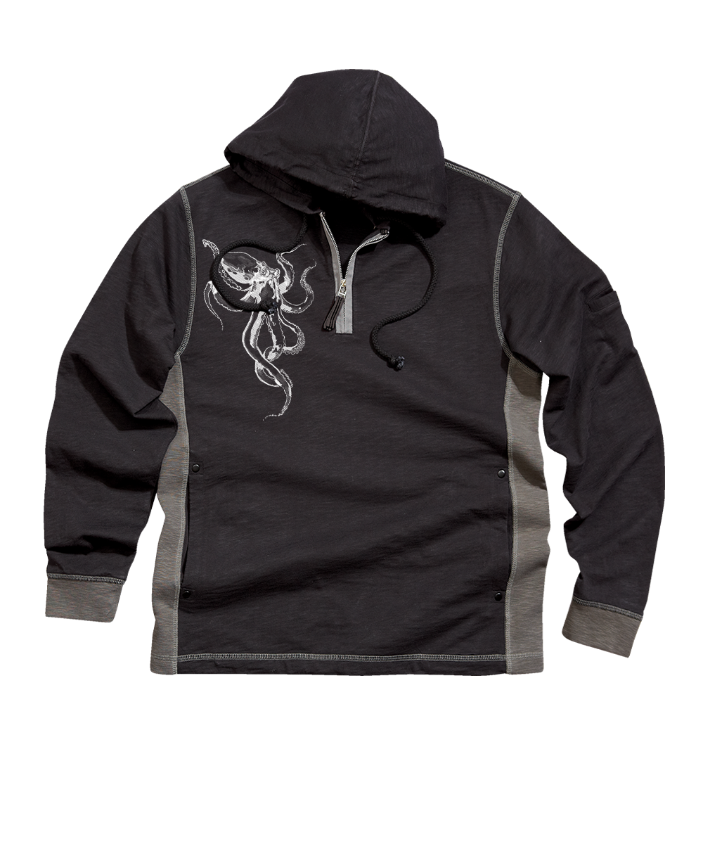 A black pullover hoodie with a gray octopus graphic on the left chest, featuring gray side panels, gray ribbed cuffs, and a gray drawstring. View 1