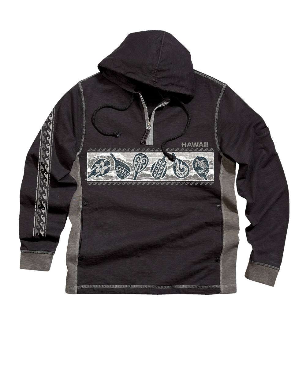 A black and gray pullover hoodie with a half-zip neckline, a horizontal tribal-style graphic print across the chest, and a patterned sleeve stripe. The word 'HAWAII' is printed on the chest. View 1