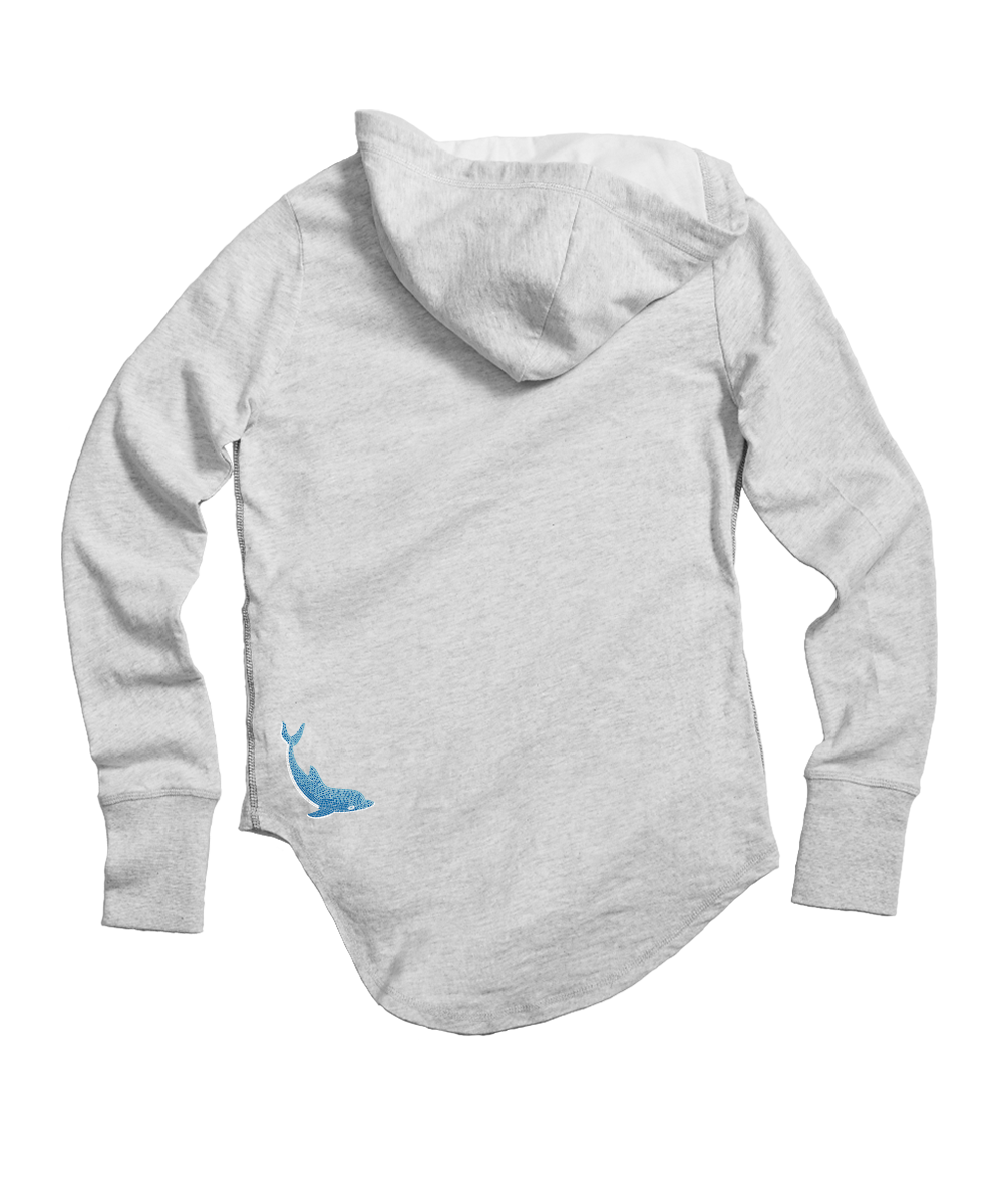 A light heather gray hooded long-sleeve top shown from the back, featuring a small blue whale graphic near the lower left side, on a plain white background. View 4