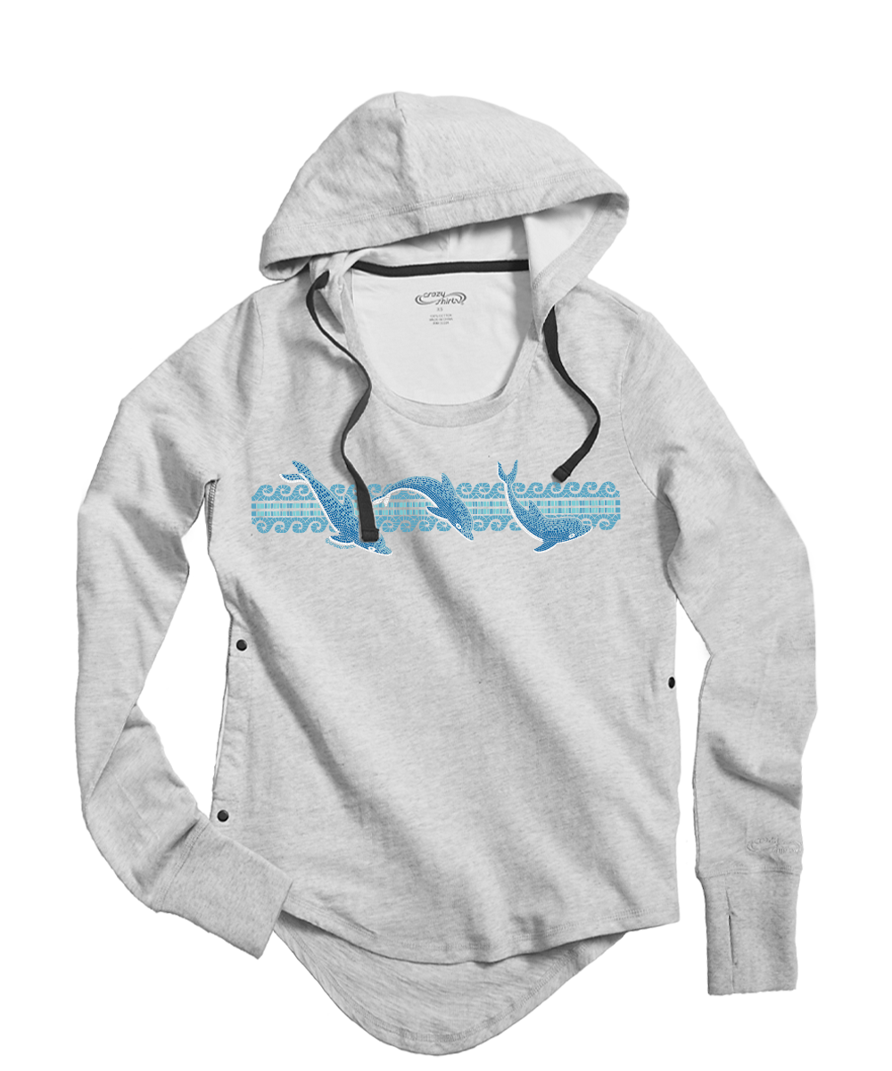 A light heather gray women's long-sleeve hoodie with a scoop neck, drawstrings, and a blue graphic of two dolphins jumping over a patterned wave on the chest. View 1
