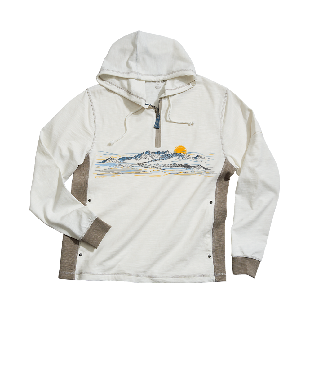 An off-white hooded long-sleeve shirt with brown side panels and a central graphic of a mountain range under a yellow sun, displayed on a clean white background. View 1