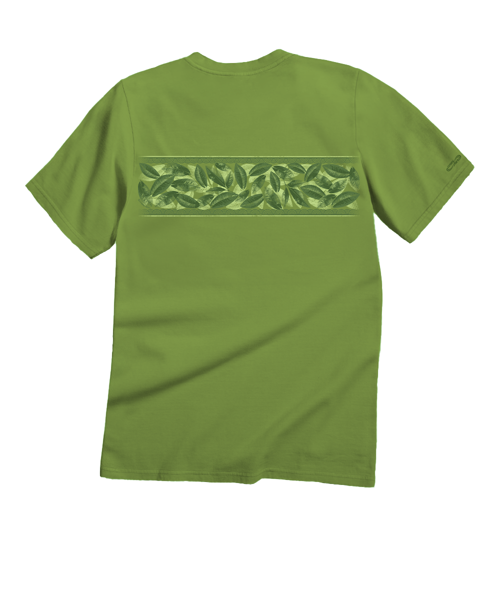 Green t-shirt with a leaf pattern on the back against a white background View 4