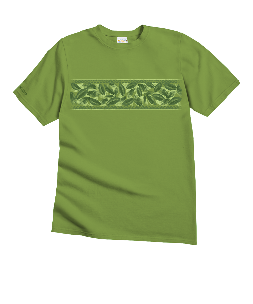 Green t-shirt with a leaf pattern on a white background View 1