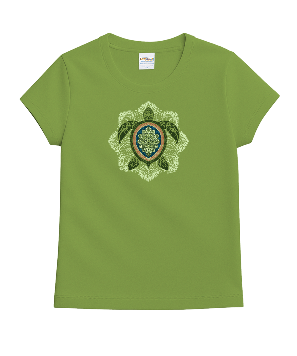 Green t-shirt with a turtle design on a white background View 1
