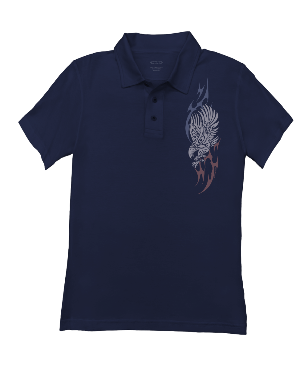 Navy blue polo shirt with a phoenix design on a white background View 1